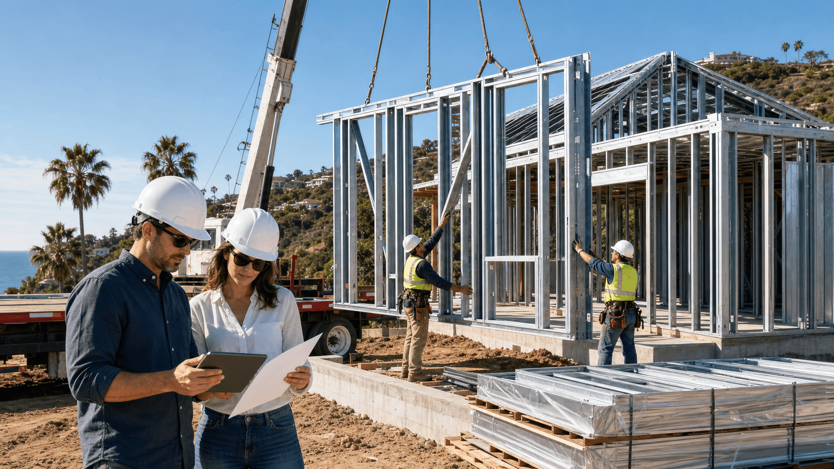 Modern steel-framed house modules being craned into place at sunset, with workers in hard hats on site