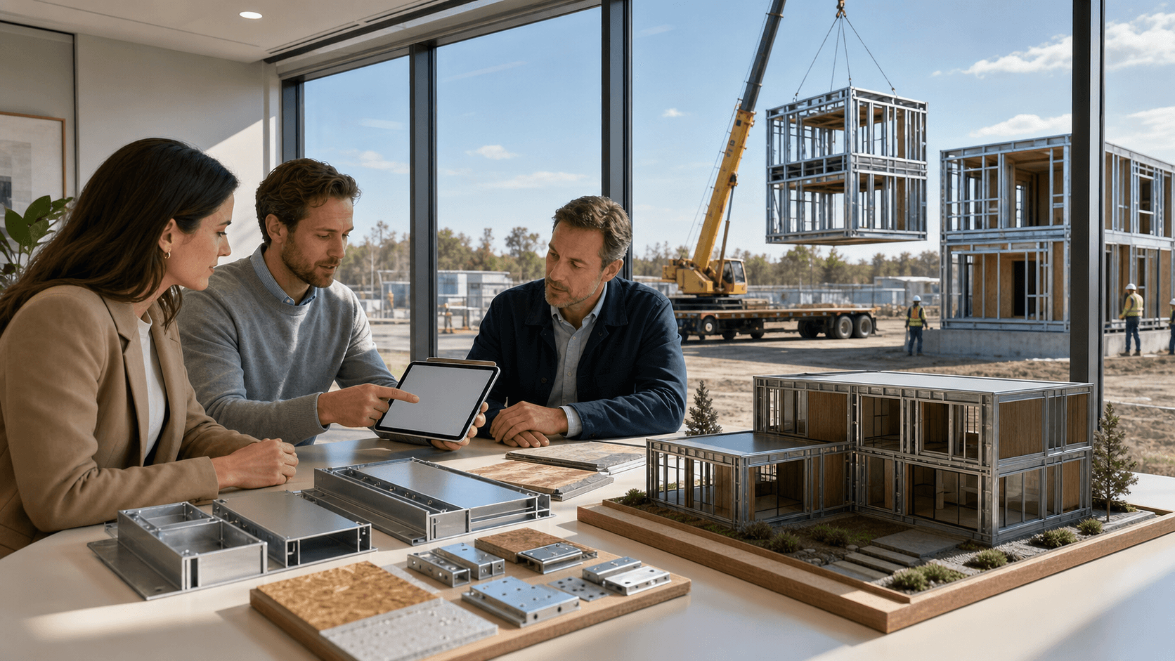 Blueprints and permit stamps beside a modern steel-framed modular home under warm California sunset light