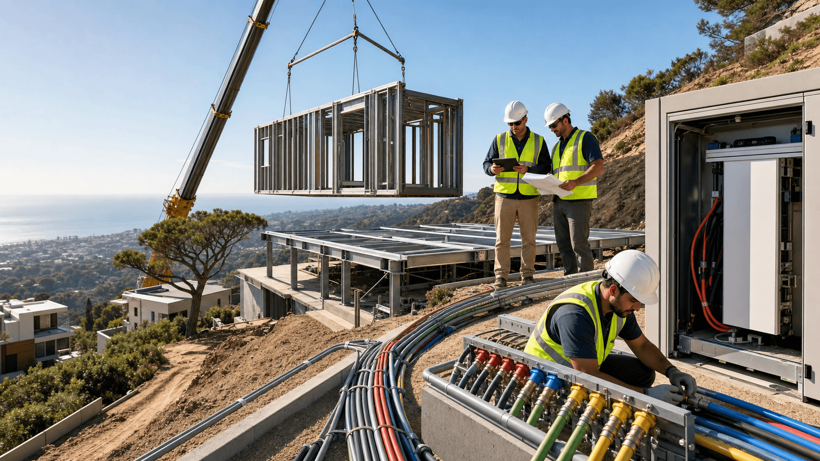 A modern modular home on a hillside with utility lines and pipes overlaid, set against a sunlit California landscape.