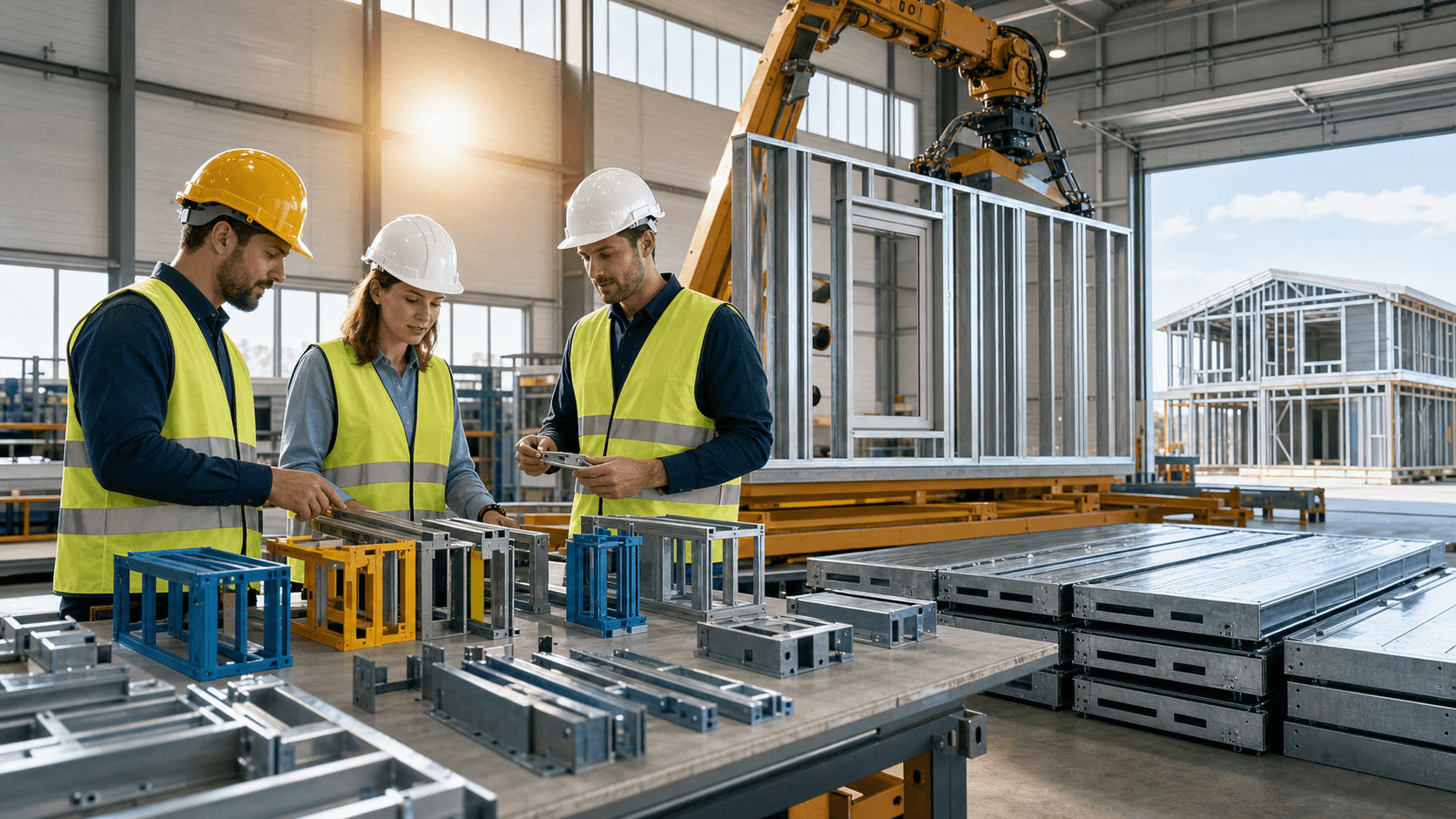 3D-rendered steel frame building modules on a site, blue sky backdrop, workers in hard hats, warm sunlight.