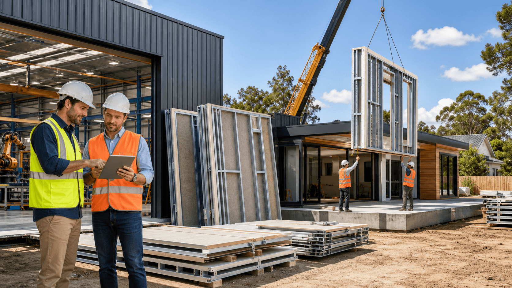 Modern house under construction with steel frame beams, blue sky backdrop, and soft sunlight highlighting structure