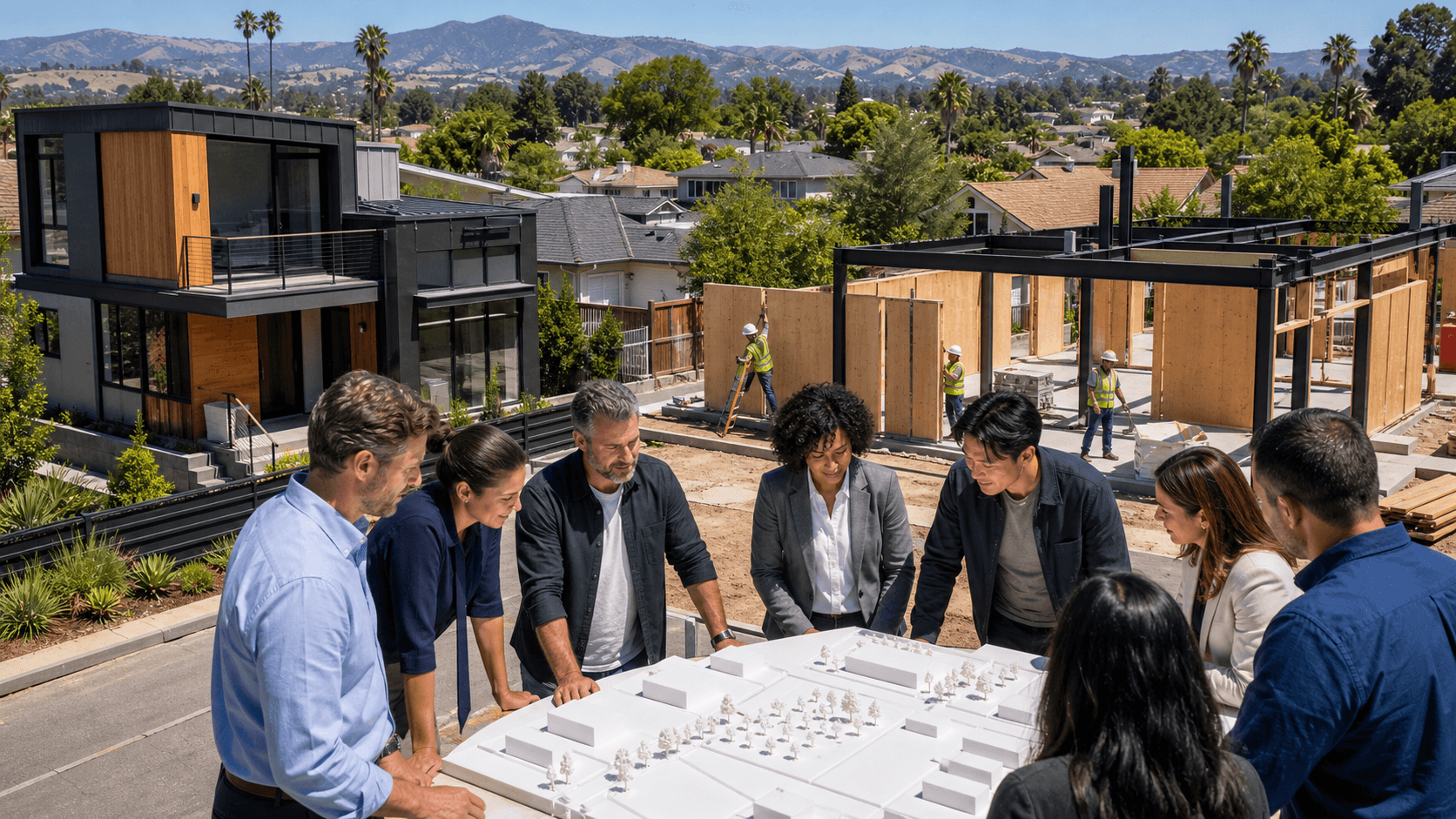 Modern prefab homes on a California hillside beneath a warm sunset, with geometric zoning lines overlaying the landscape.