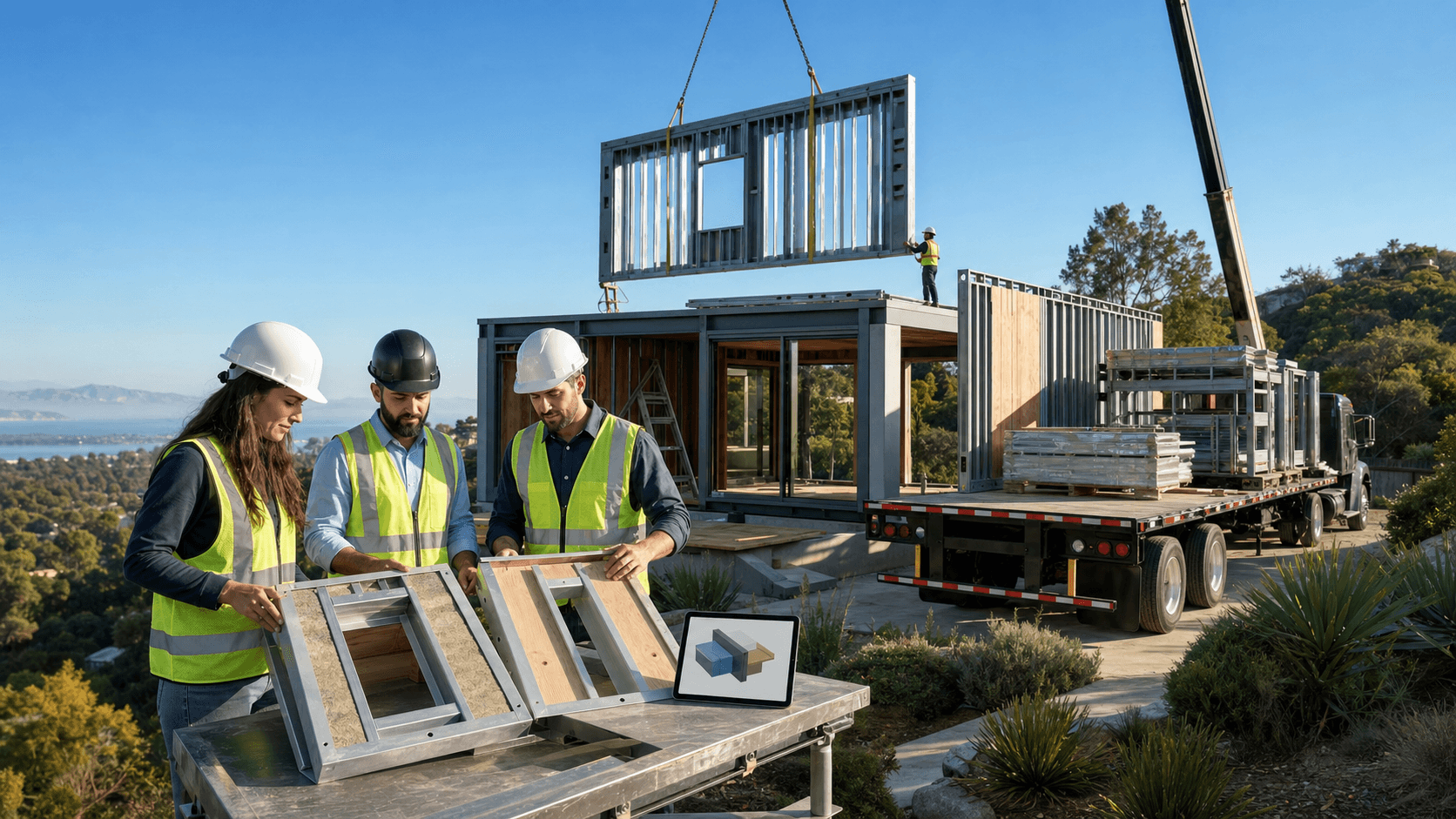 Modern steel-framed house with modular panels, set against sunny California hills under a clear blue sky.