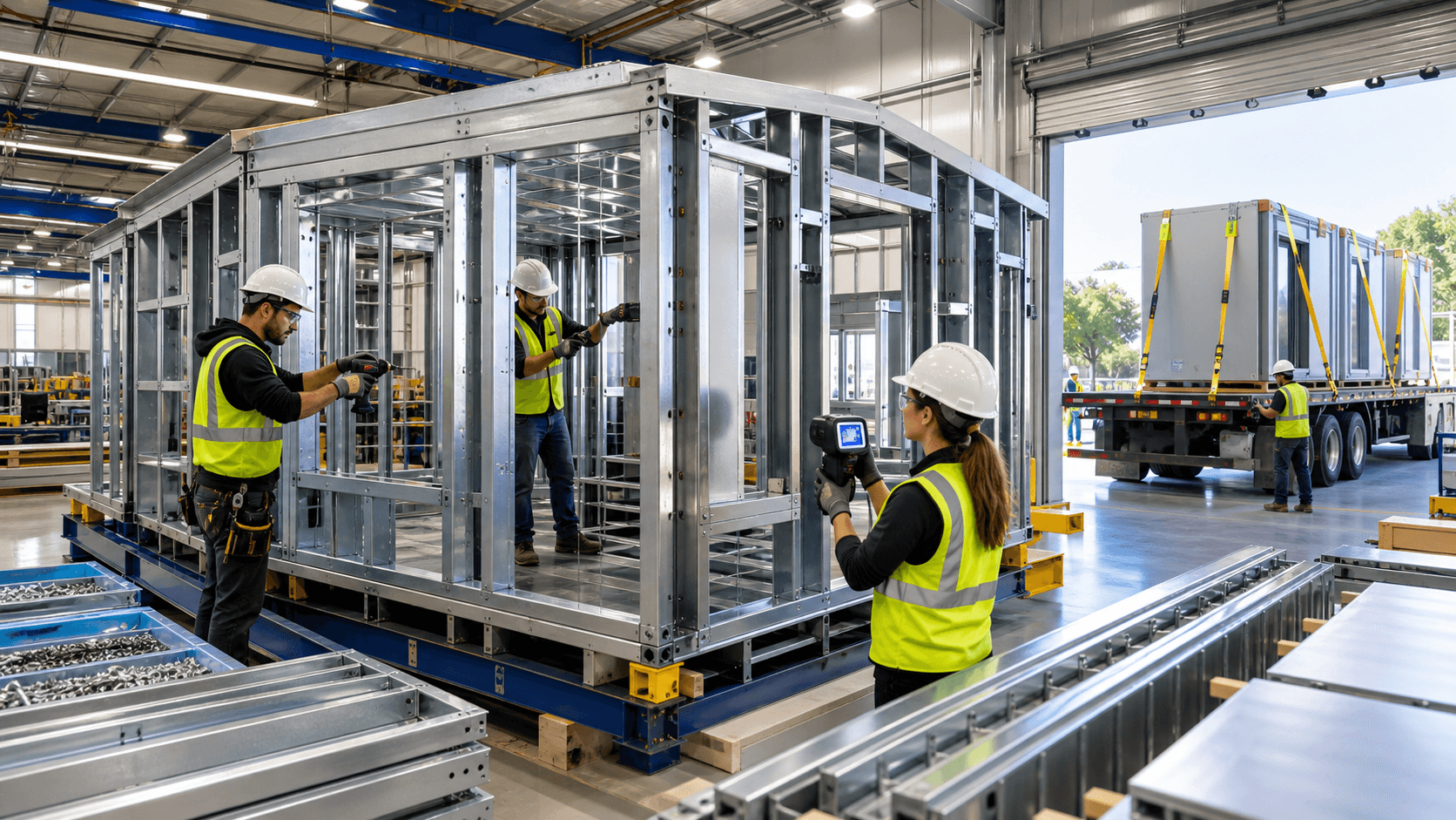 Factory floor with steel modular frames on assembly line, workers inspecting welds under bright overhead lights