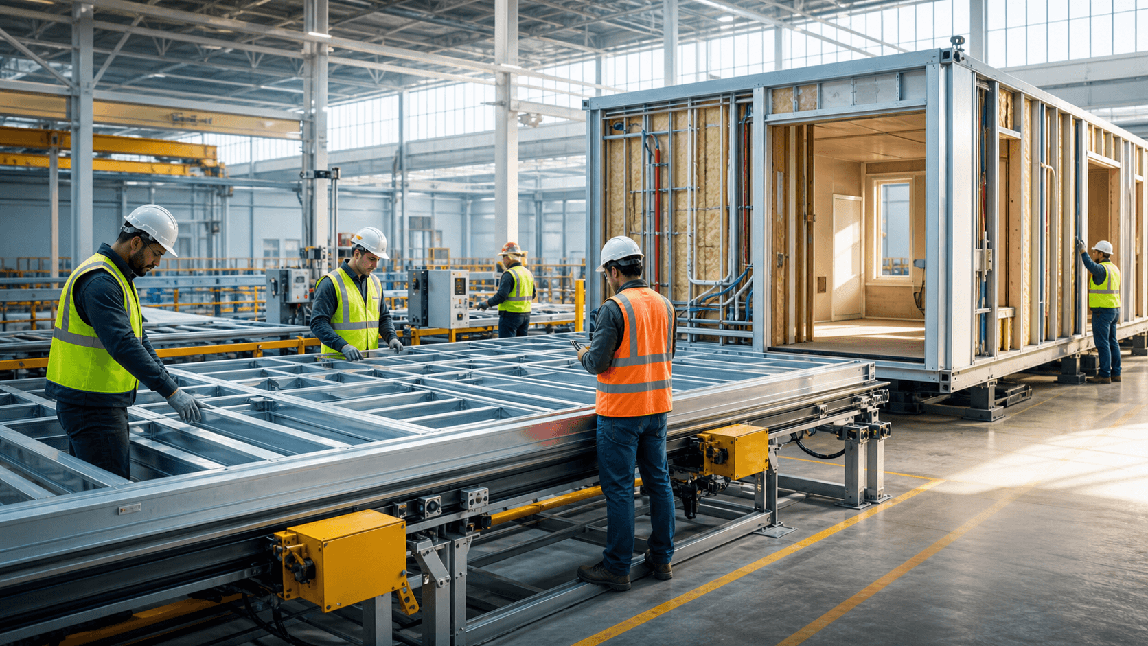 Workers assemble steel-framed wall panels inside a bright factory with stacked materials and overhead lights.
