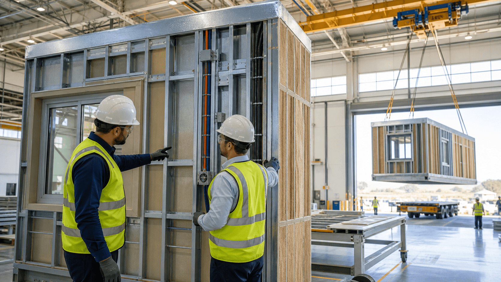 Steel-framed house modules assembled on a bright factory floor beneath overhead cranes and skylights.
