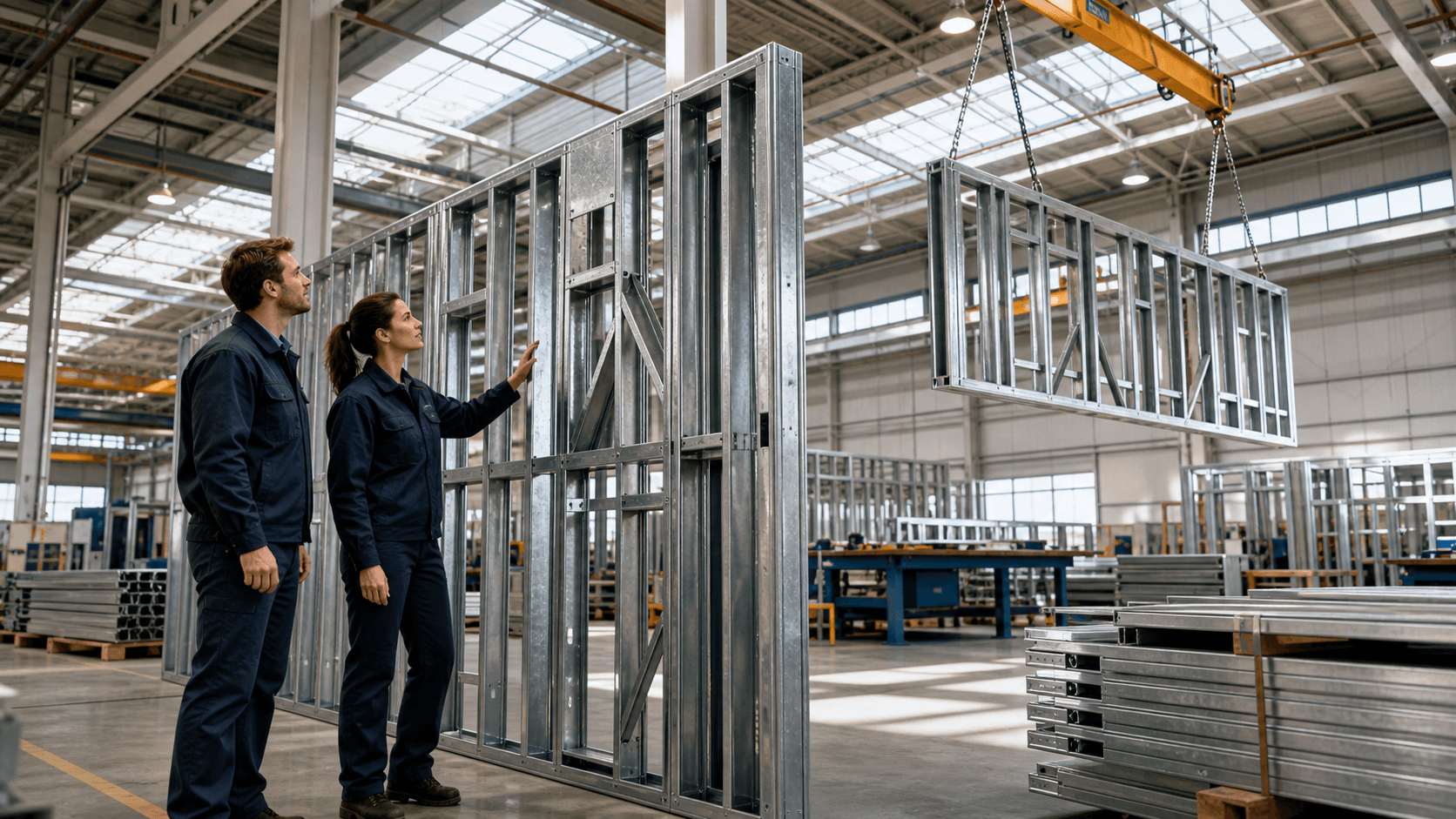 Steel home frames assembled on a bright factory floor beneath overhead cranes and industrial lights.