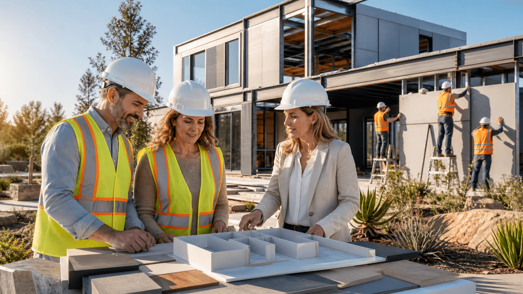 Modern modular home on a sunny California lot with construction plans and a blue sky in the background