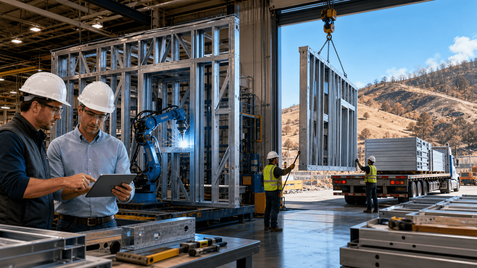 Cranes lift modular building sections at a construction site, with orange sunset light and distant mountains.