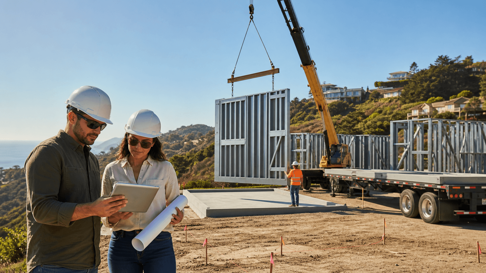 Modern modular homes on a sunlit California hillside, with a crane lifting a prefab unit under a blue sky