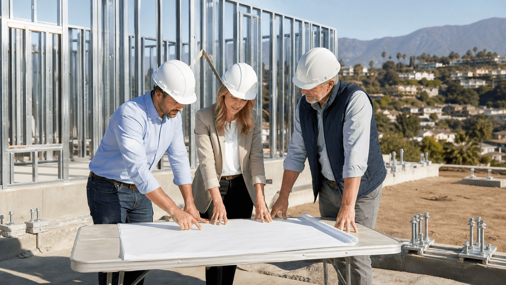 Architect reviewing steel prefab plans beside a modern warehouse frame under bright California sunlight