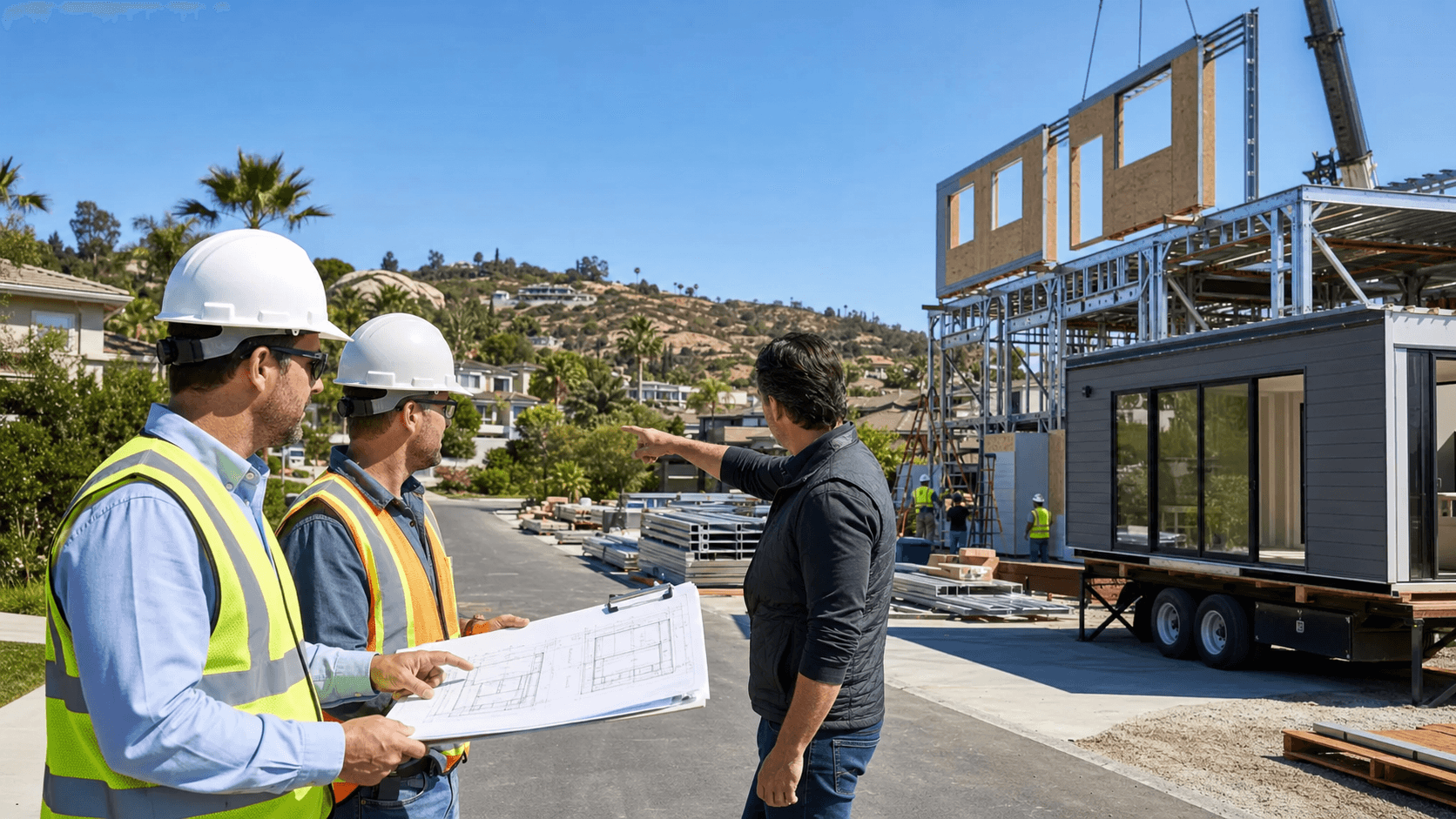 Modern steel-framed house beside permit forms and a clipboard, with a California map overlay in warm daylight.