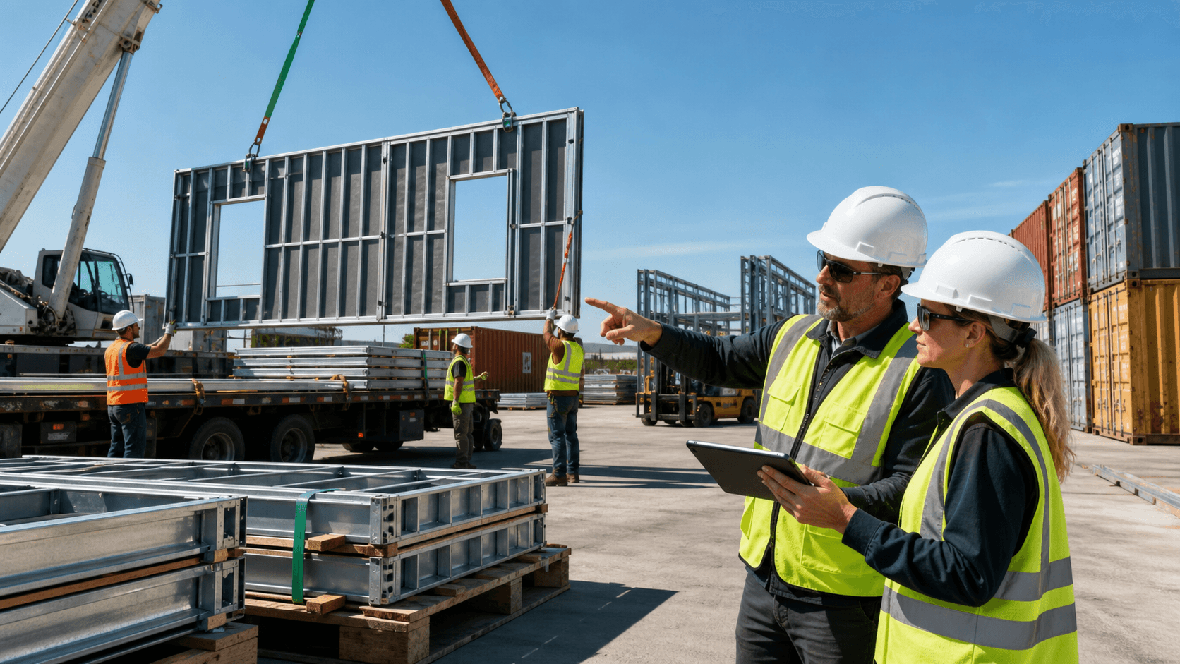 Sunlit industrial yard with trucks and stacked pallets, workers in safety vests, and a wide concrete loading area.