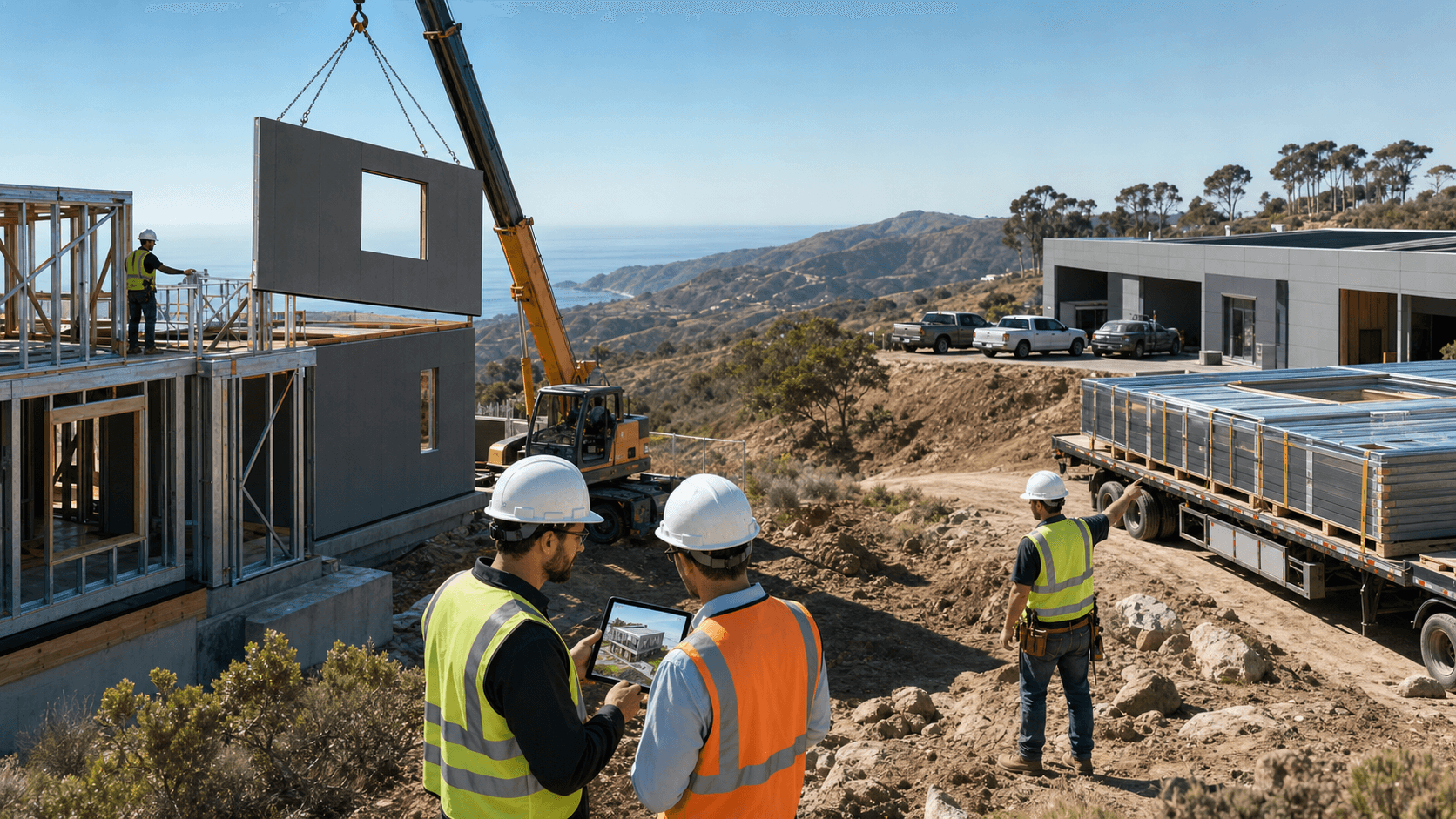 Modern modular buildings on a sunlit California construction site, with cranes, stacked units, and blue sky.