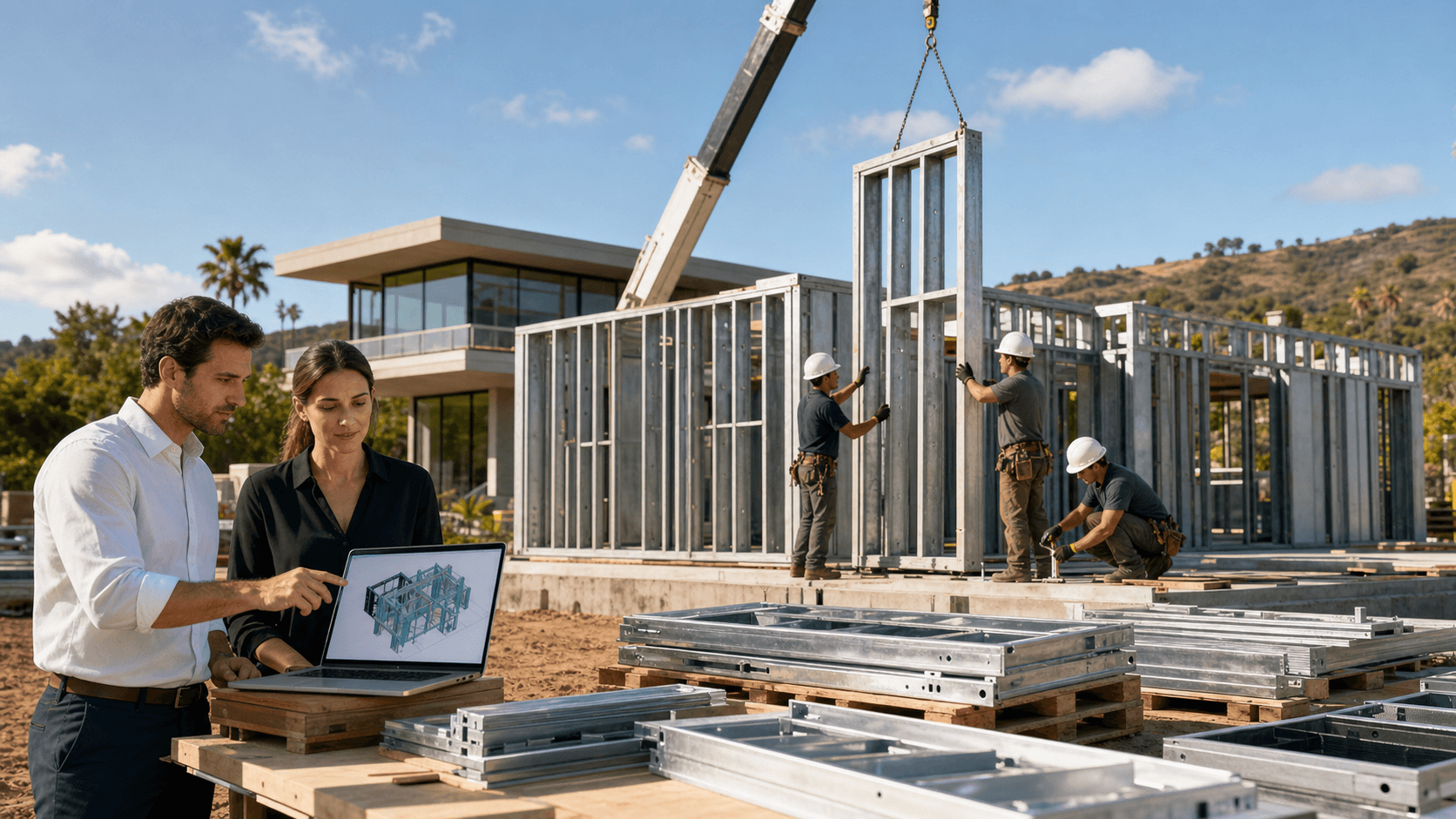 Steel framing of a modern house under construction, blue sky backdrop, workers and crane in bright daylight.