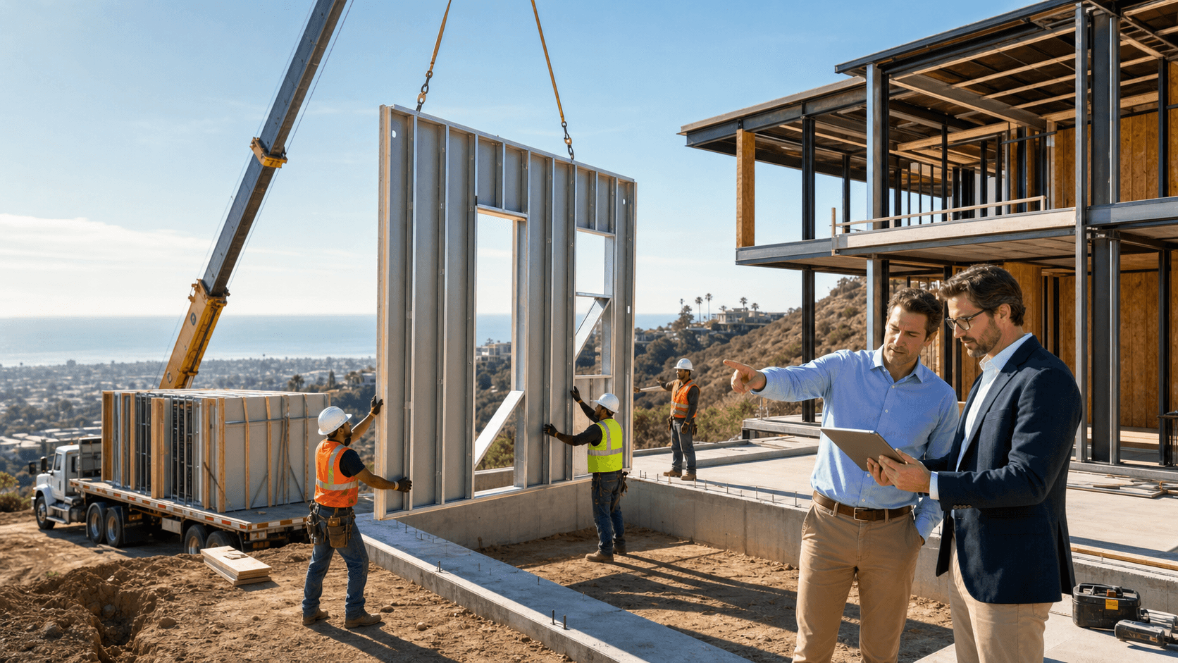 Modern suburban home with mixed wood and concrete facade, blueprints and hard hat on table in warm sunlight