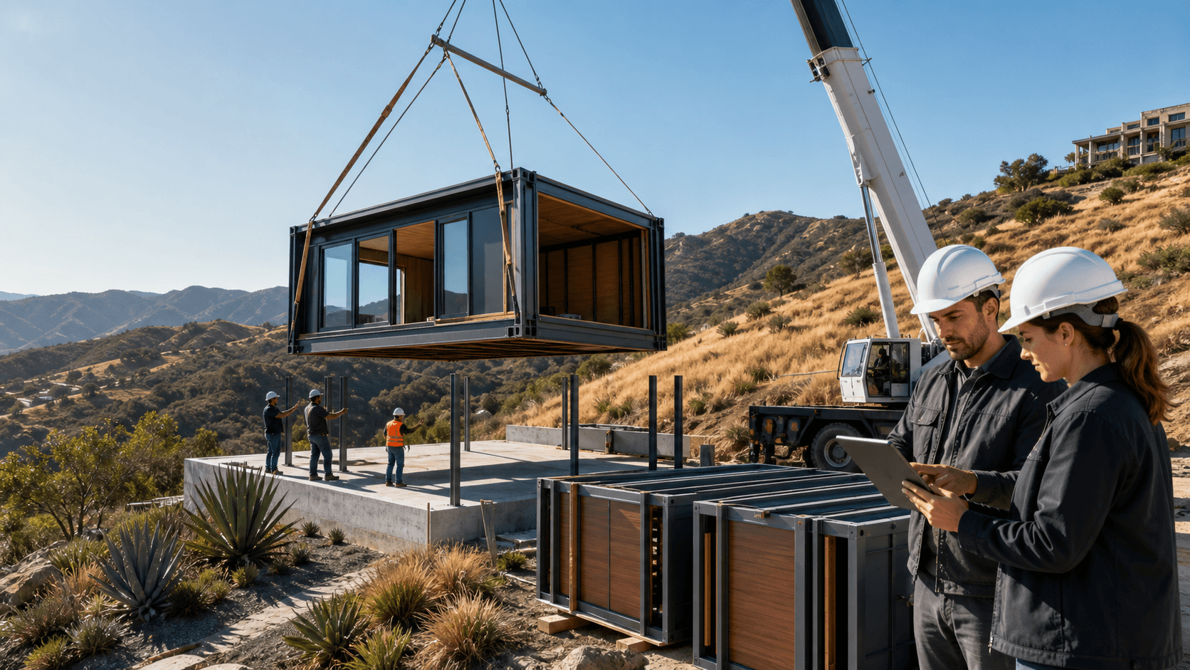 Modular homes on a sunlit California hillside, with wildfire smoke and distant mountains under a blue sky.