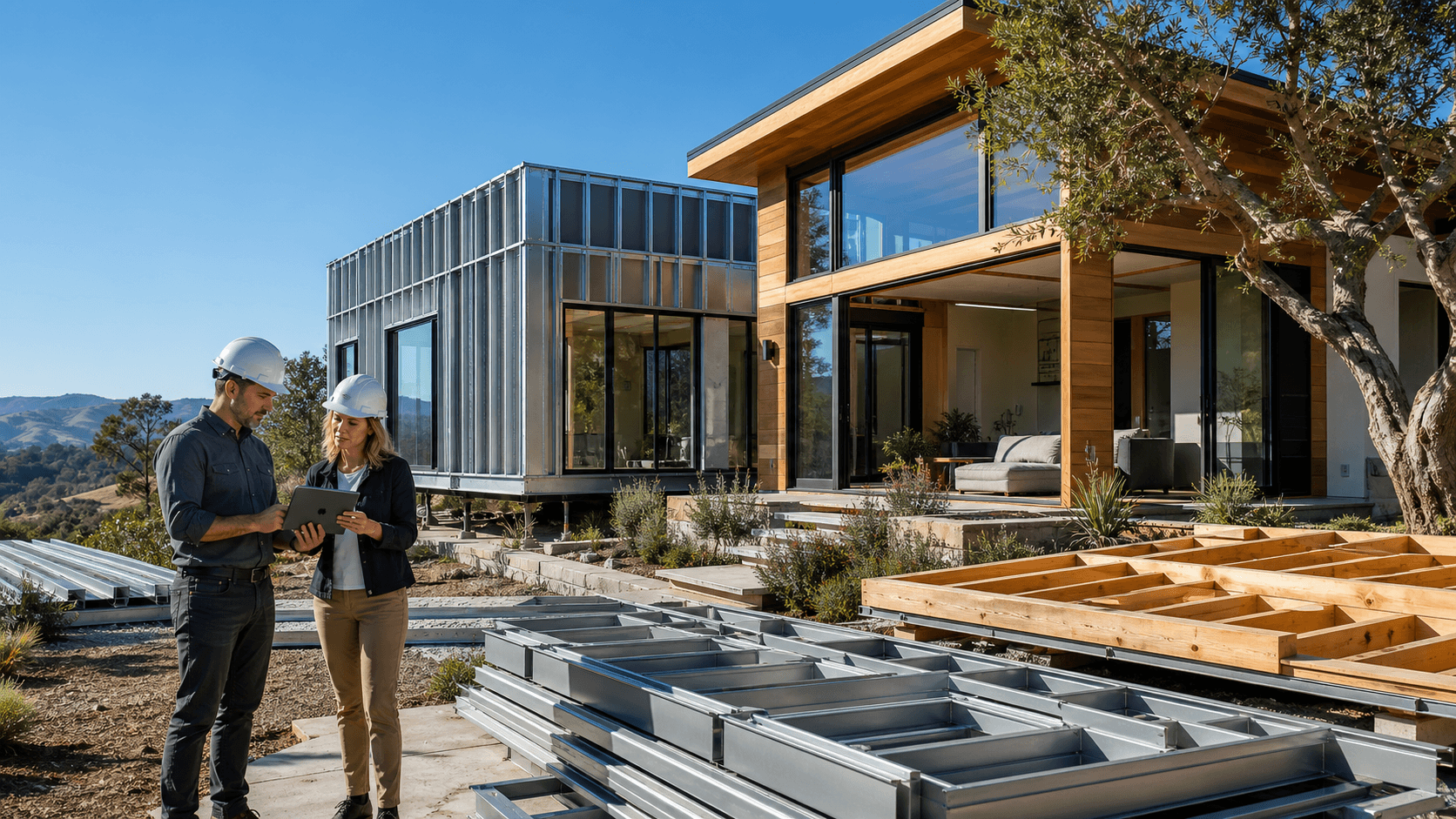 Modern California home blending steel framing, glass walls, and warm wood under a golden sunset sky.