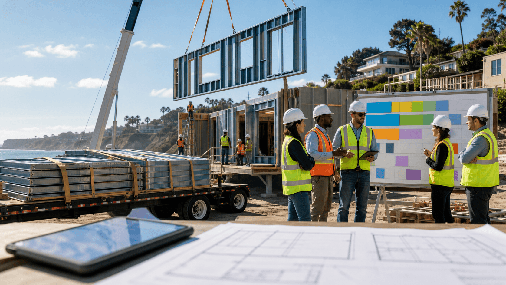 Modern construction site with stacked modular units, cranes overhead, and a bright California sunset in the background