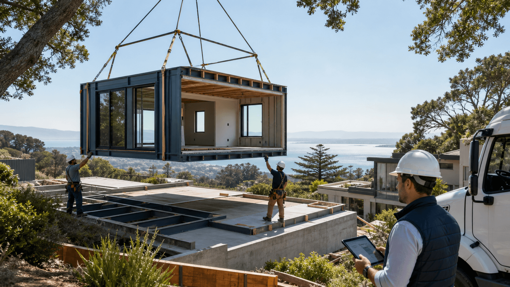 A crane lowers a modern modular home onto a sunlit sloped hillside overlooking the Bay Area.