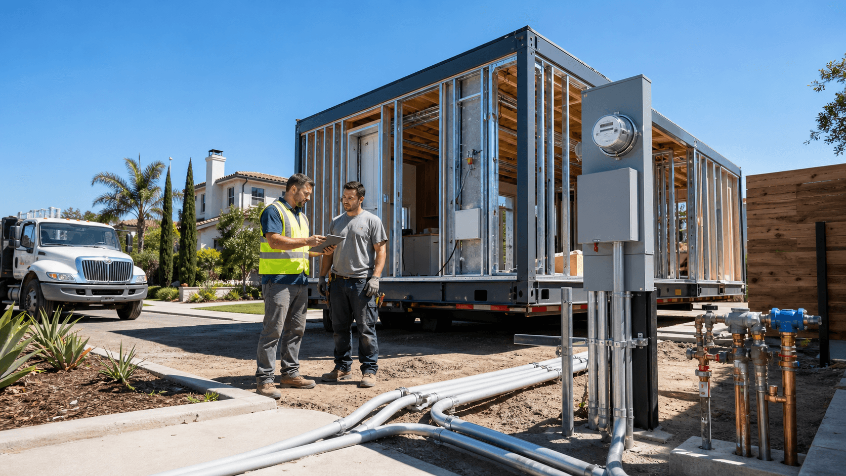 Modular homes on trucks approach a sunny California neighborhood with utility poles and mountains in the background.