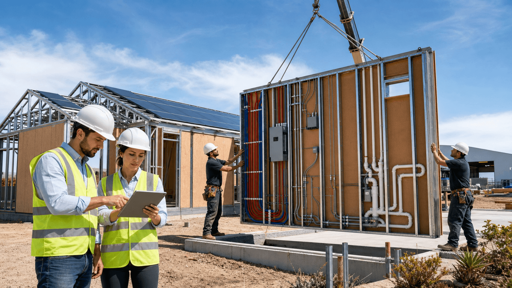 Modern steel modular home cutaway with visible pipes and wiring, set against a sunlit California landscape