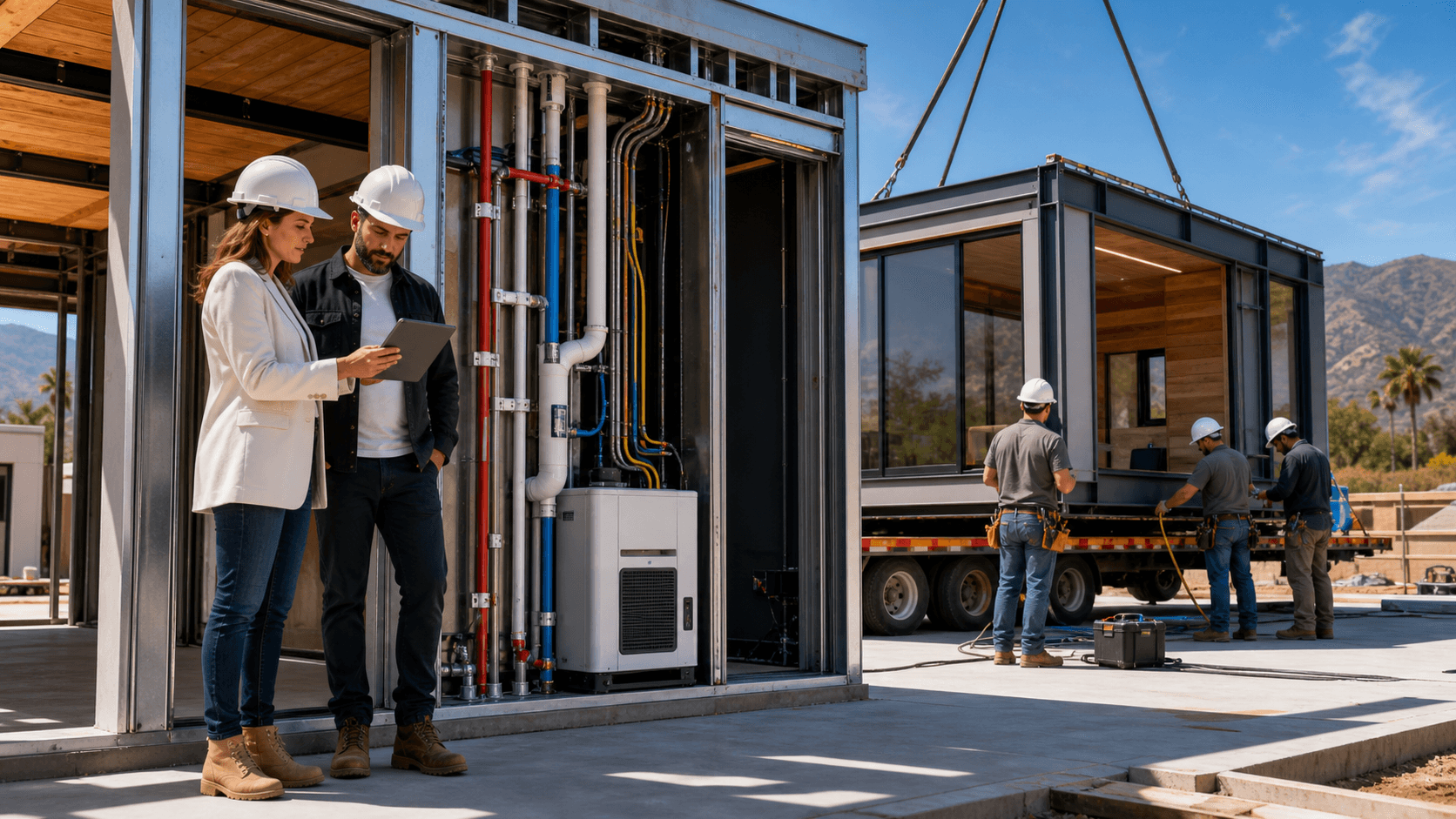 Modern modular steel home section cutaway with visible pipes and wiring, set against a bright California skyline