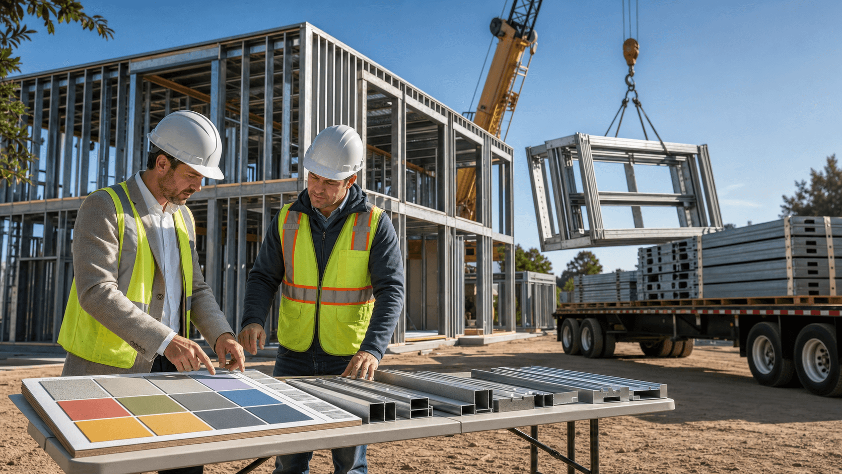Modern house frame with panelized wall sections on a sunny California site, with crane and blue sky backdrop