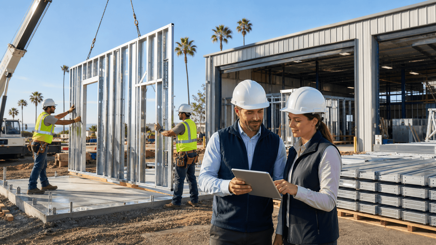 Modular building units lifted by a crane at a construction site, with workers in hard hats under a blue sky.
