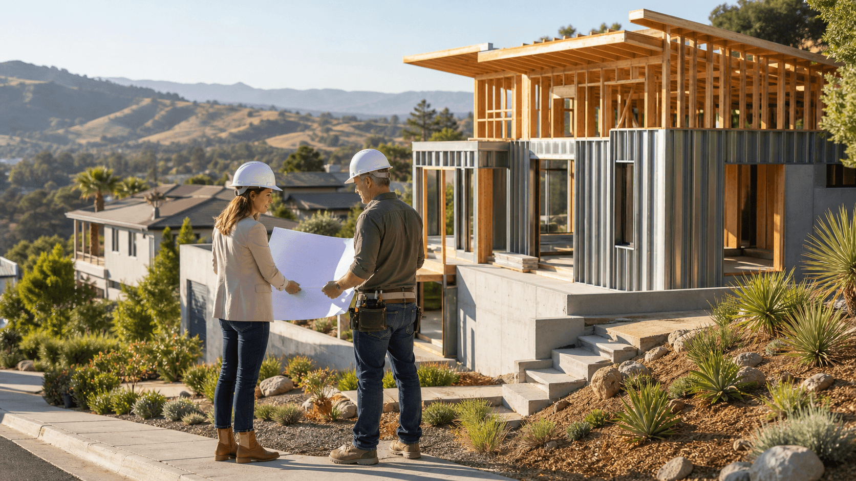 Modern home under construction beside a finished house, with California hills and clear blue sky behind.